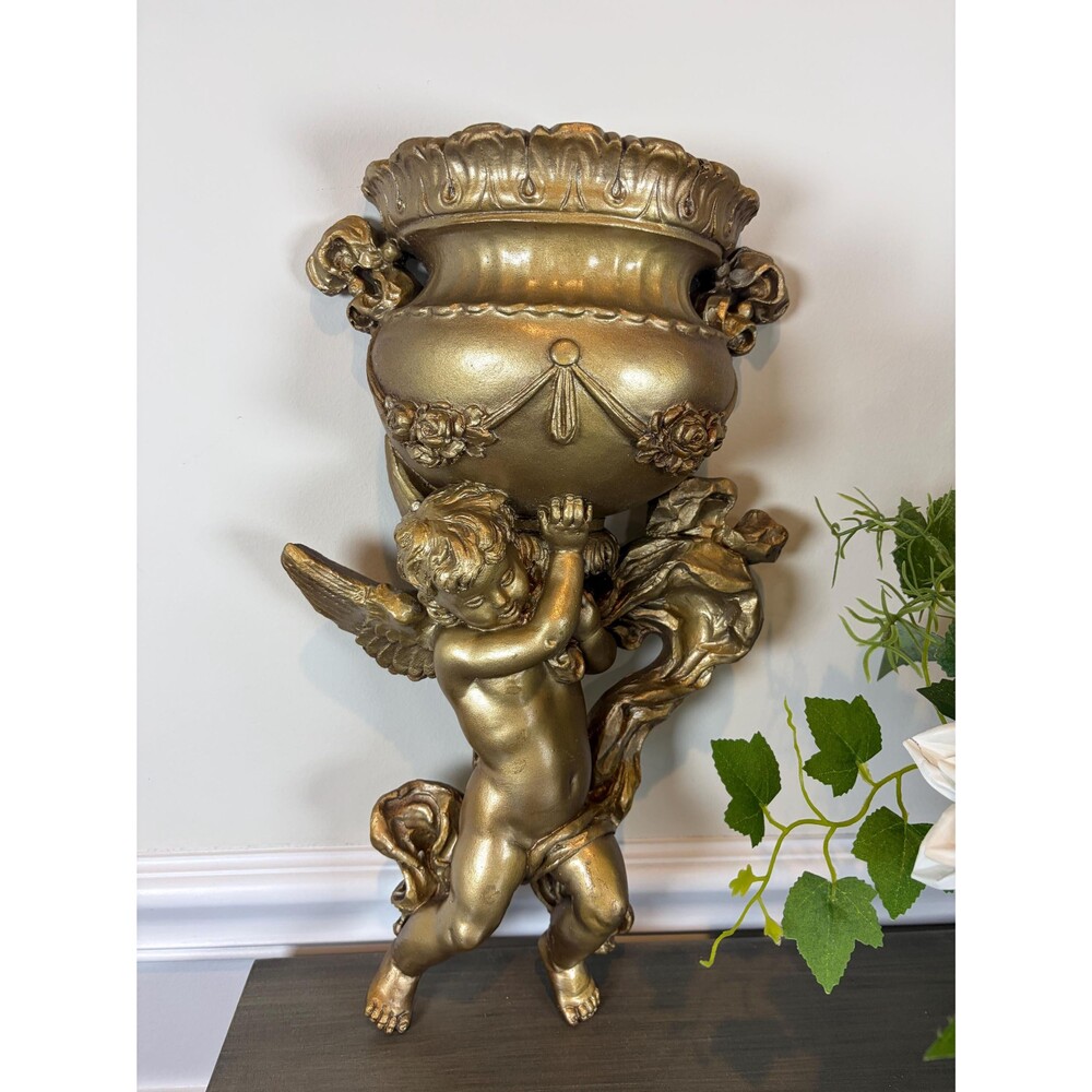Vintage Universal Chicago Cherub Wall Pocket Planter Mid Century Gold Urn Decor